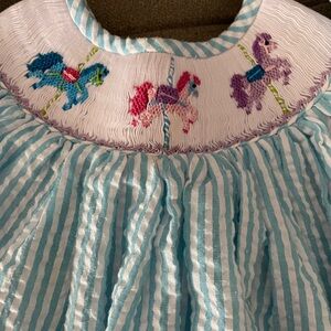Striped Blue and White Dress with Embroidered Carousel Horses